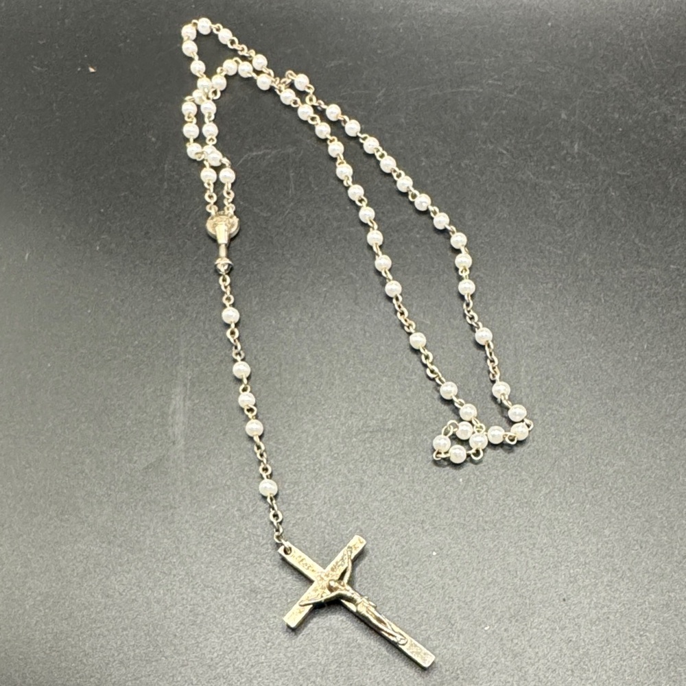 Silver Rosary with Fake white Pearls Marked RR
